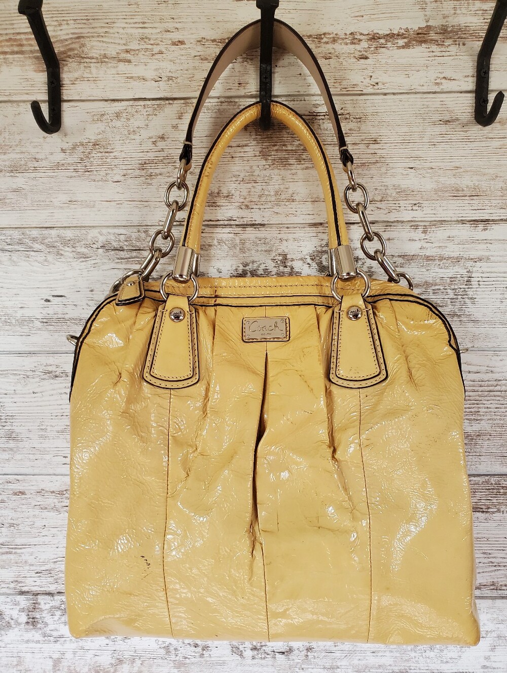 COACH Yellow Patent Leather Kristin Pleated Satchel Chain Convertible Bag 16016